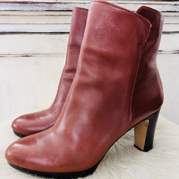 Nine West Reddish Brown Leather Protege Heeled Booties - Womens Size 7M - Picture 1 of 7